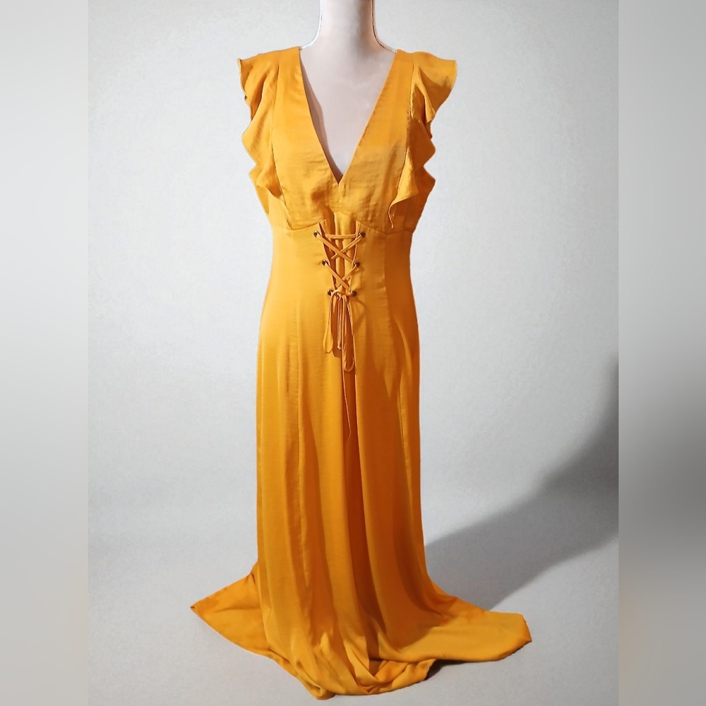 BCBGeneration Yellow Corset Silky Long Cutout Dress Size 12 Coquette Babydoll